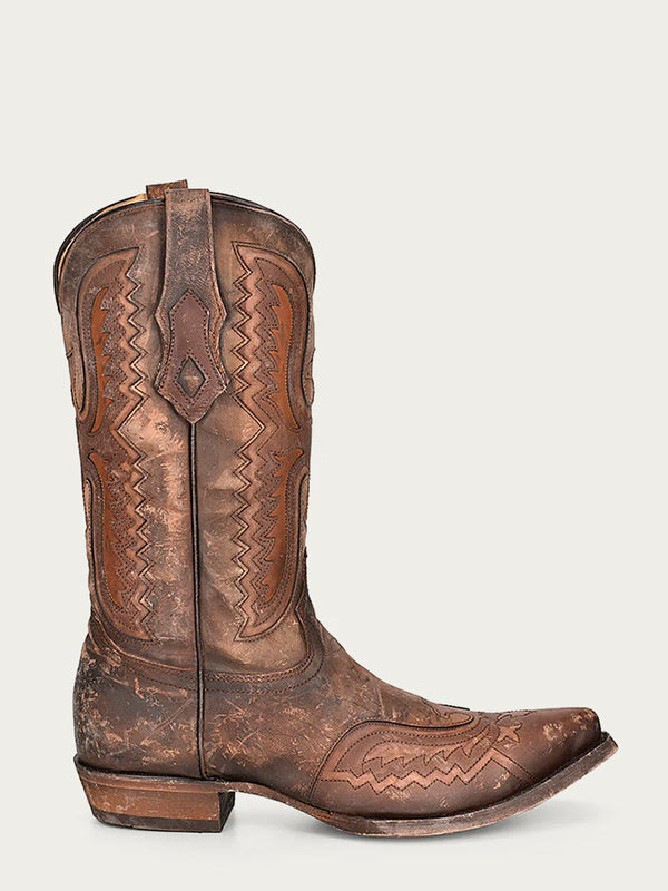 Corral Boots C3952 - MEN'S EAGLE INLAY AND EMBROIDERY WING TIP SNIP TOE DISTRESSED TAN COWBOY BOOT