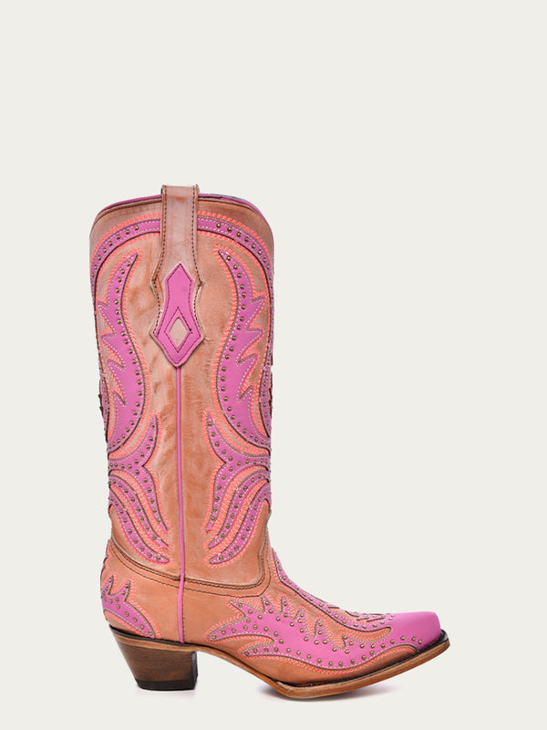 Corral Boots C3970 - WOMEN'S PINK FLUORESCENT EMBROIDERY AND STUDS SNIP TOE COWBOY BOOT