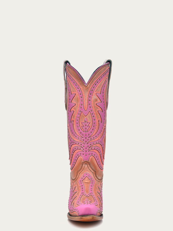 Corral Boots C3970 - WOMEN'S PINK FLUORESCENT EMBROIDERY AND STUDS SNIP TOE COWBOY BOOT
