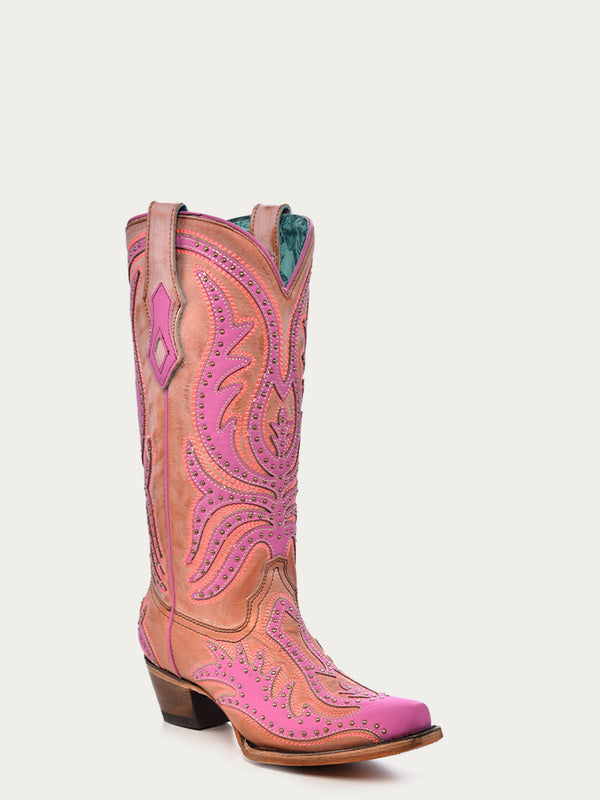 corral boots C3970 - WOMEN'S PINK FLUORESCENT EMBROIDERY AND STUDS SNIP TOE COWBOY BOOT