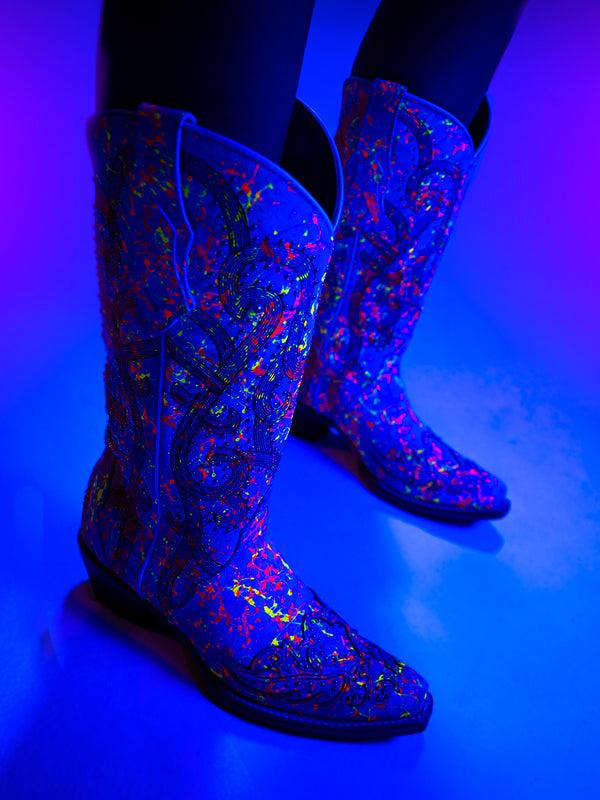 Corral Boots C3980 - WOMEN'S MULTICOLOR FLUORESCENT NEON ORANGE EMBROIDERY AND CRYSTALS WHITE SNIP TOE COWBOY BOOT