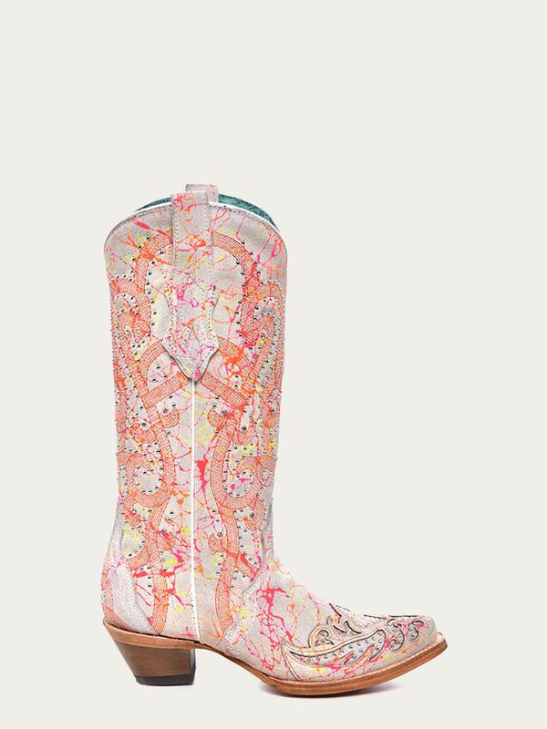Corral Boots C3980 - WOMEN'S MULTICOLOR FLUORESCENT NEON ORANGE EMBROIDERY AND CRYSTALS WHITE SNIP TOE COWBOY BOOT