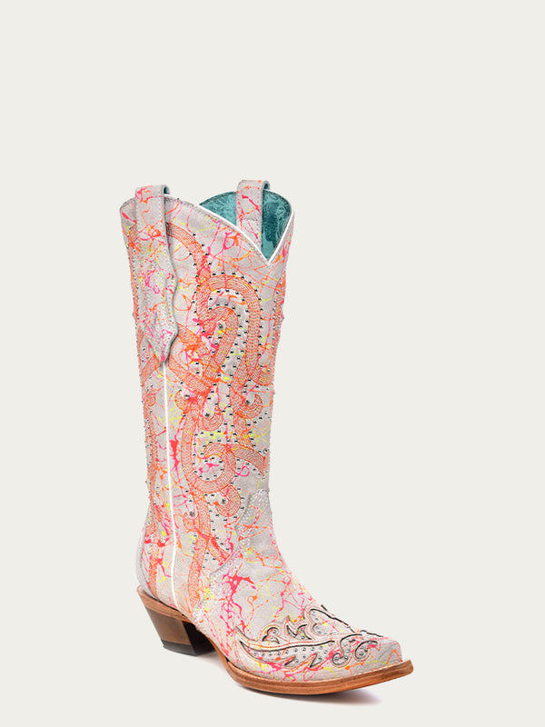 corral boots C3980 - WOMEN'S MULTICOLOR FLUORESCENT NEON ORANGE EMBROIDERY AND CRYSTALS WHITE SNIP TOE COWBOY BOOT
