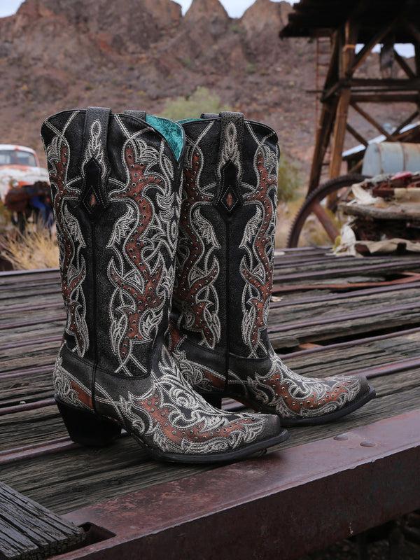 Corral Boots C4040 - WOMEN'S COPPER EMBROIDERY AND CRYSTALS SNIP TOE BLACK COWBOY BOOT