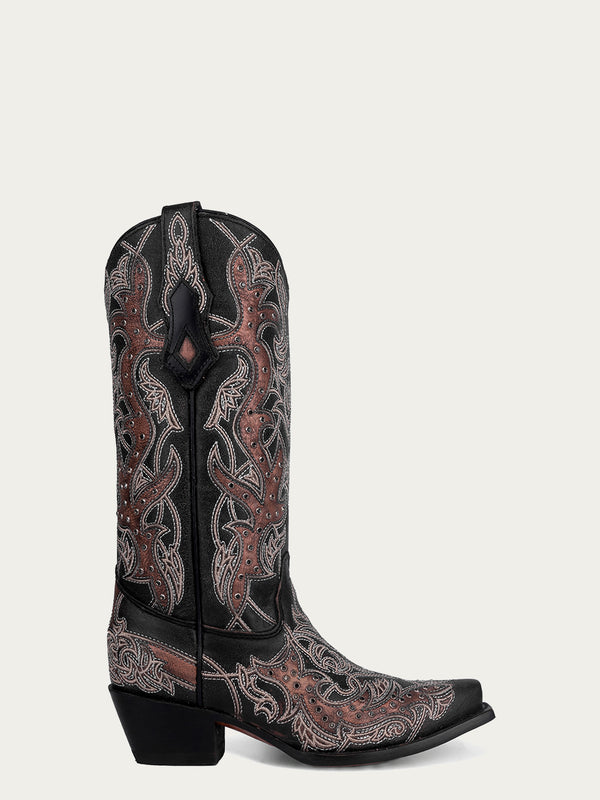 Corral Boots C4040 - WOMEN'S COPPER EMBROIDERY AND CRYSTALS SNIP TOE BLACK COWBOY BOOT