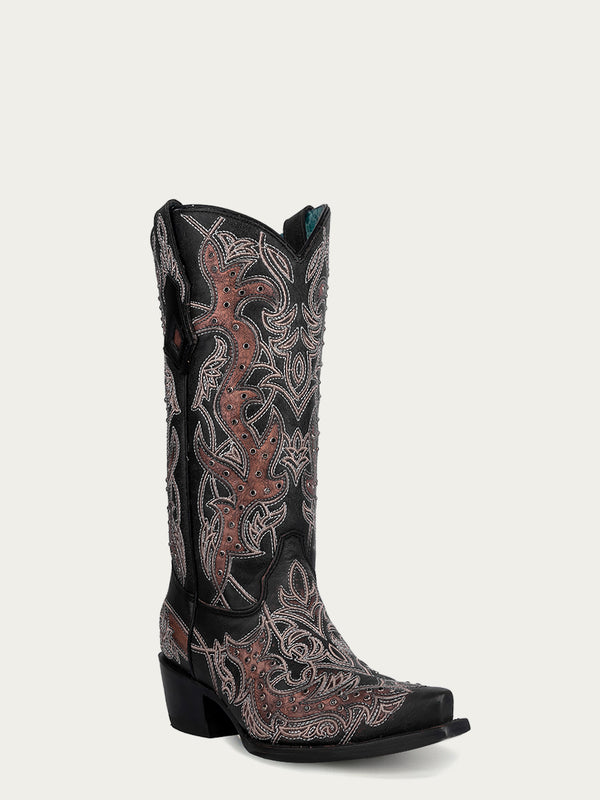 corral boots C4040 - WOMEN'S COPPER EMBROIDERY AND CRYSTALS SNIP TOE BLACK COWBOY BOOT