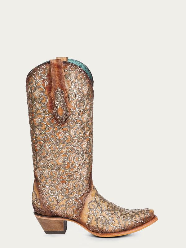 Corral Boots C4051 - WOMEN'S SAND GLITTER OVERLAY AND EMBROIDERY TRIAD SNIP TOE COWBOY BOOT