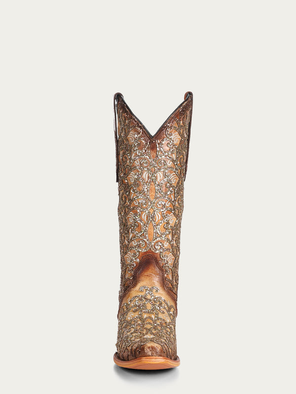 Corral Boots C4051 - WOMEN'S SAND GLITTER OVERLAY AND EMBROIDERY TRIAD SNIP TOE COWBOY BOOT