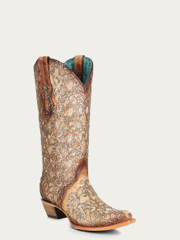 corral boots C4051 - WOMEN'S SAND GLITTER OVERLAY AND EMBROIDERY TRIAD SNIP TOE COWBOY BOOT