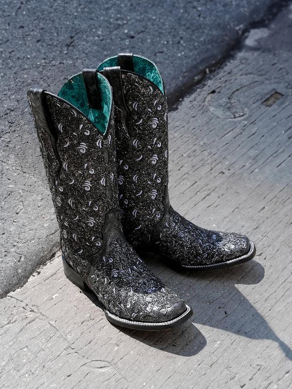 Corral Boots C4061 - WOMEN'S BLACK GLITTER OVERLAY WHITE EMBROIDERY BLACK SQUARE TOE COWBOY BOOT