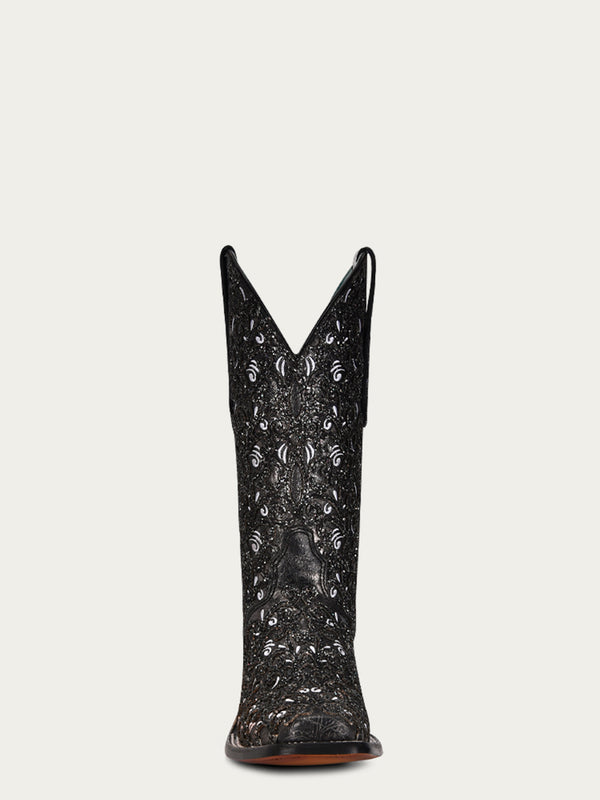 Corral Boots C4061 - WOMEN'S BLACK GLITTER OVERLAY WHITE EMBROIDERY BLACK SQUARE TOE COWBOY BOOT