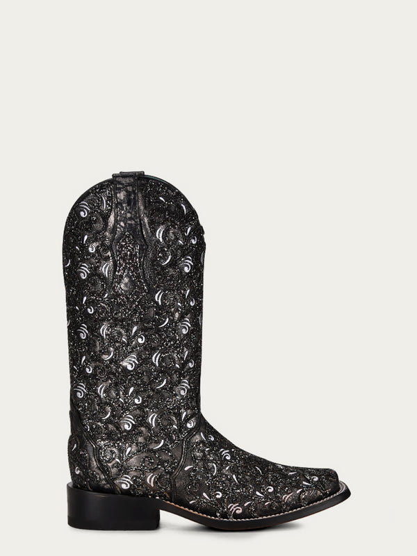 Corral Boots C4061 - WOMEN'S BLACK GLITTER OVERLAY WHITE EMBROIDERY BLACK SQUARE TOE COWBOY BOOT
