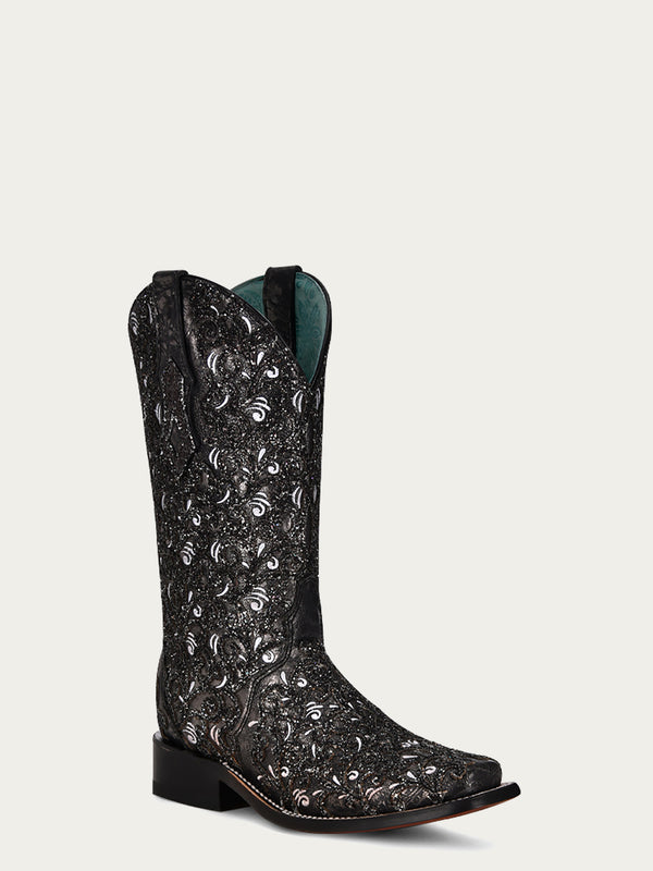 corral boots C4061 - WOMEN'S BLACK GLITTER OVERLAY WHITE EMBROIDERY BLACK SQUARE TOE COWBOY BOOT