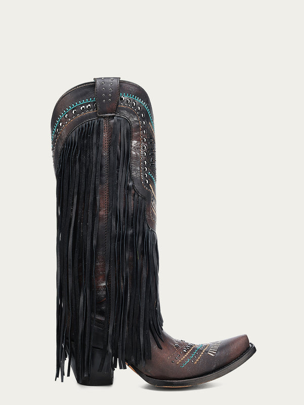 Corral Boots C4078 - WOMEN'S EMBROIDERY WITH LAMB FRINGE AND STUDS SNIP TOE COWBOY BOOT