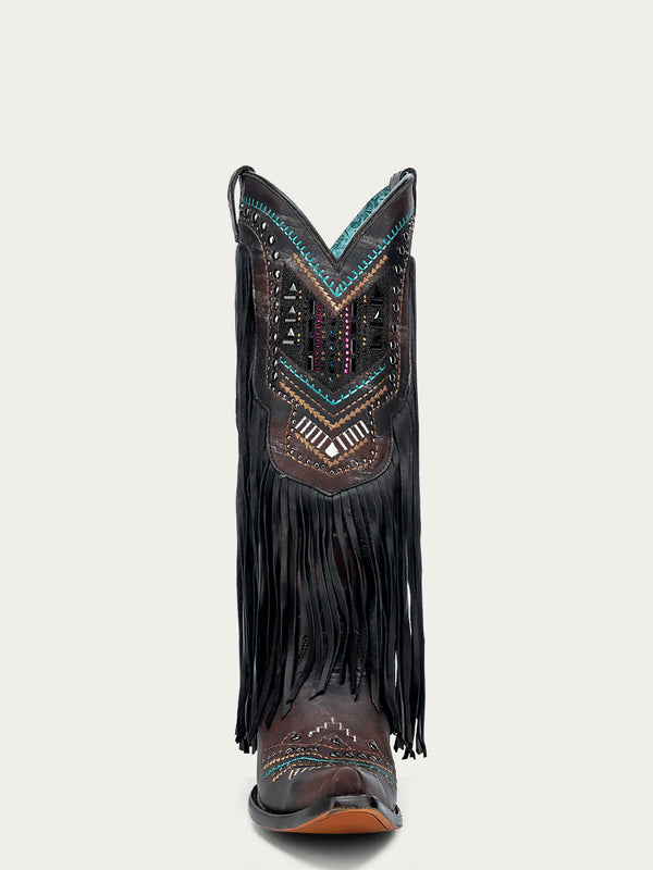 Corral Boots C4078 - WOMEN'S EMBROIDERY WITH LAMB FRINGE AND STUDS SNIP TOE COWBOY BOOT