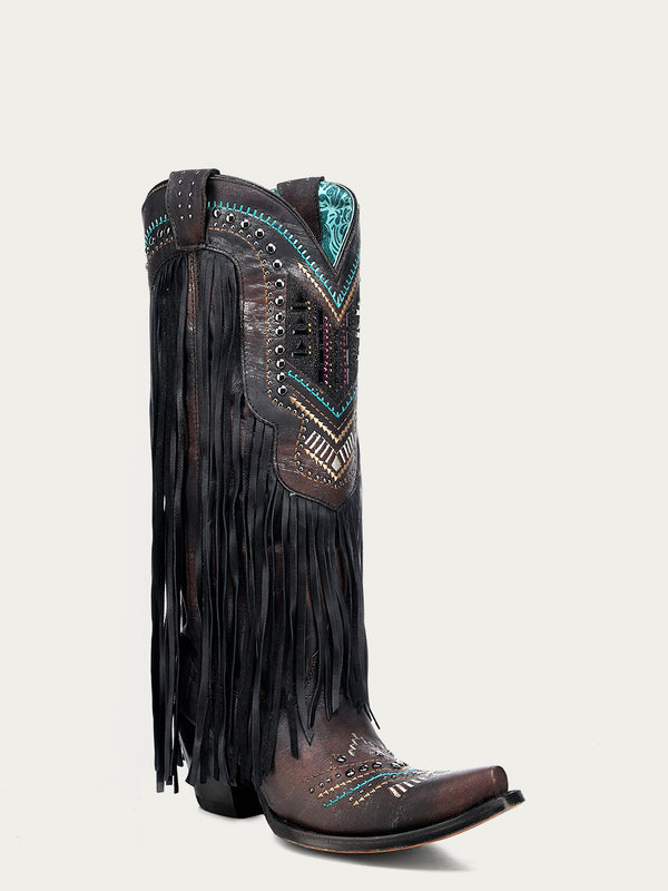 corral boots C4078 - WOMEN'S EMBROIDERY WITH LAMB FRINGE AND STUDS SNIP TOE COWBOY BOOT