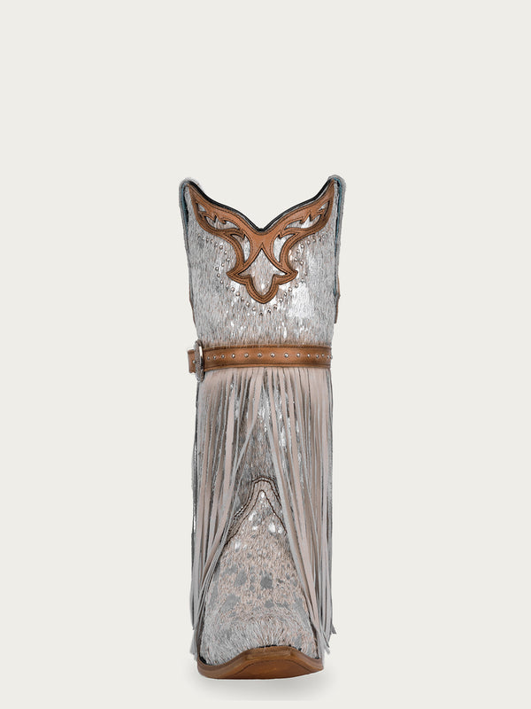 Corral Boots C4081 - WOMEN'S LAMB FRINGE HARNESS AND STUDS SNIP TOE WHITE FUR COWBOY BOOT