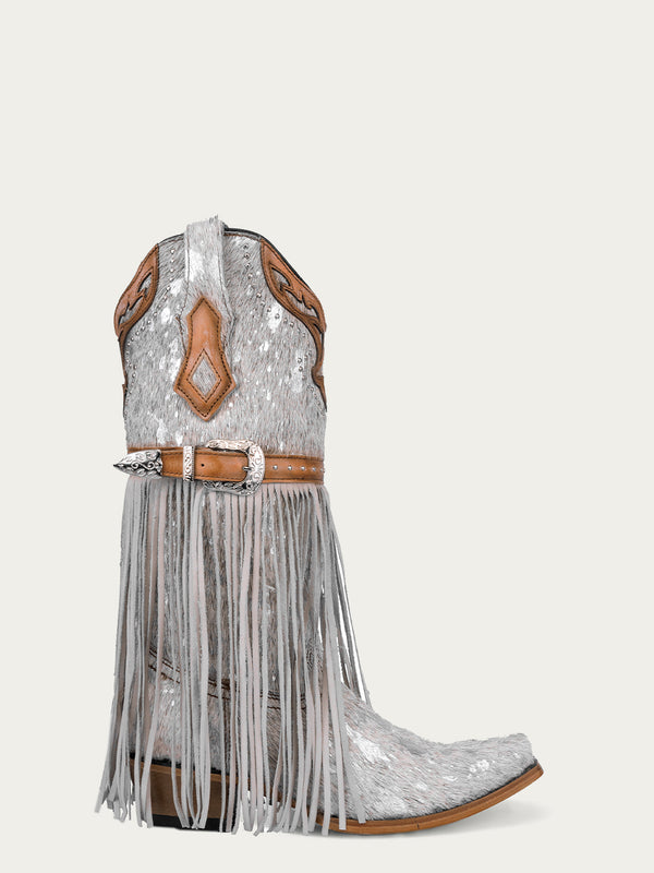 Corral Boots C4081 - WOMEN'S LAMB FRINGE HARNESS AND STUDS SNIP TOE WHITE FUR COWBOY BOOT