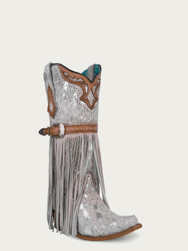 corral boots C4081 - WOMEN'S LAMB FRINGE HARNESS AND STUDS SNIP TOE WHITE FUR COWBOY BOOT