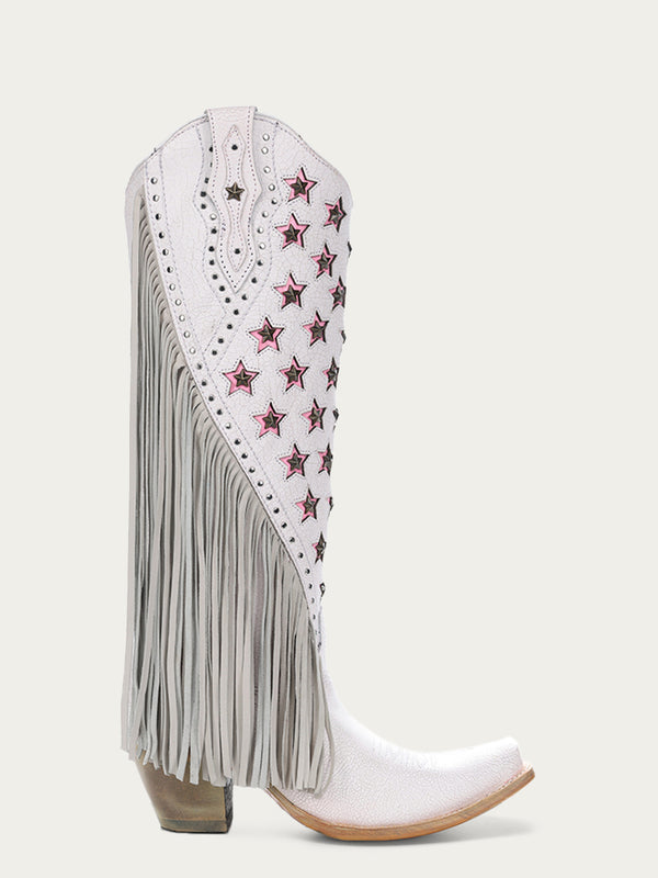 Corral Boots C4084 - WOMEN'S LUMINESCENT EMBROIDERY AND PINK STARS WITH LAMB FRINGE WHITE SNIP TOE COWBOY BOOT