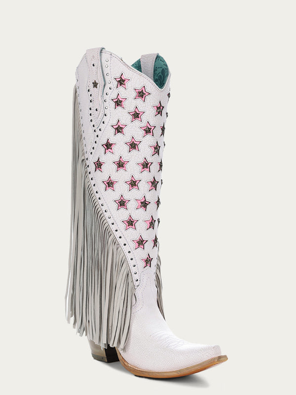 corral boots C4084 - WOMEN'S LUMINESCENT EMBROIDERY AND PINK STARS WITH LAMB FRINGE WHITE SNIP TOE COWBOY BOOT