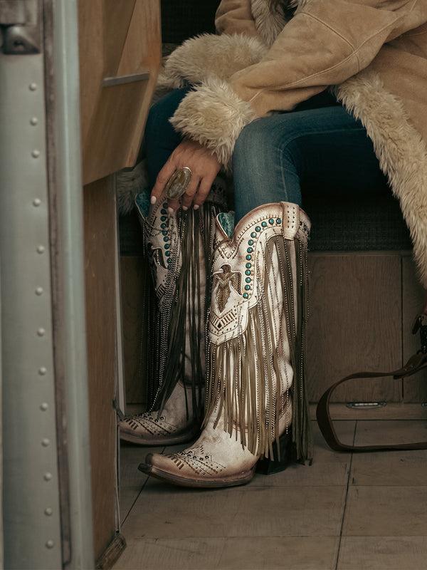 Corral Boots C4088 - WOMEN'S BEIGE EMBROIDERY EAGLE WITH LAMB AND CRYSTALS FRINGE WITH STUDS SNIP TOE COWBOY BOOT