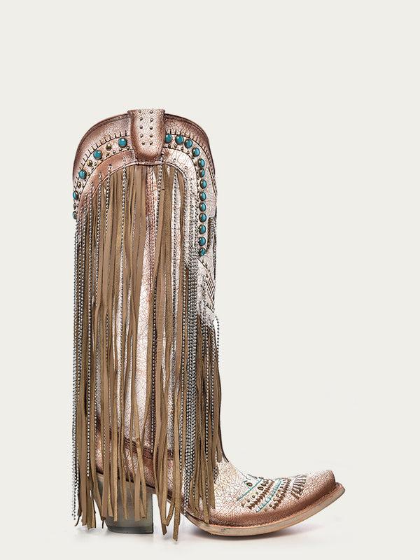 Corral Boots C4088 - WOMEN'S BEIGE EMBROIDERY EAGLE WITH LAMB AND CRYSTALS FRINGE WITH STUDS SNIP TOE COWBOY BOOT