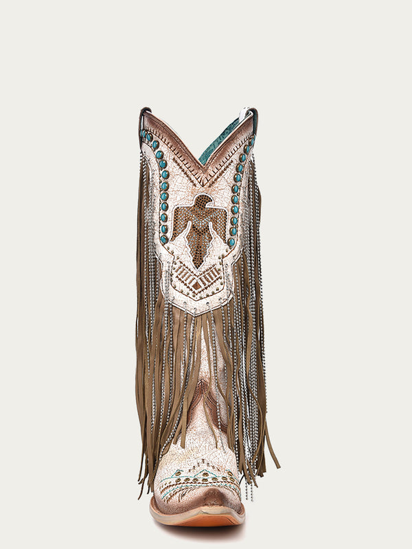 Corral Boots C4088 - WOMEN'S BEIGE EMBROIDERY EAGLE WITH LAMB AND CRYSTALS FRINGE WITH STUDS SNIP TOE COWBOY BOOT