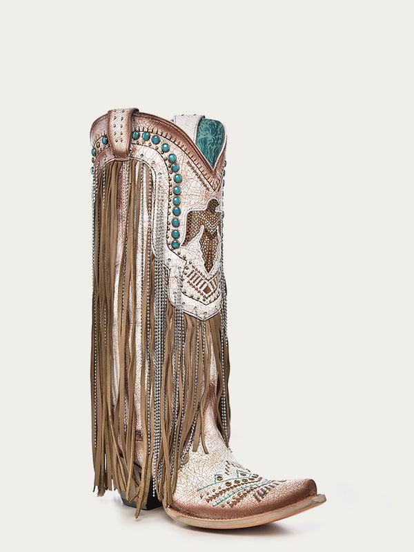 corral boots C4088 - WOMEN'S BEIGE EMBROIDERY EAGLE WITH LAMB AND CRYSTALS FRINGE WITH STUDS SNIP TOE COWBOY BOOT
