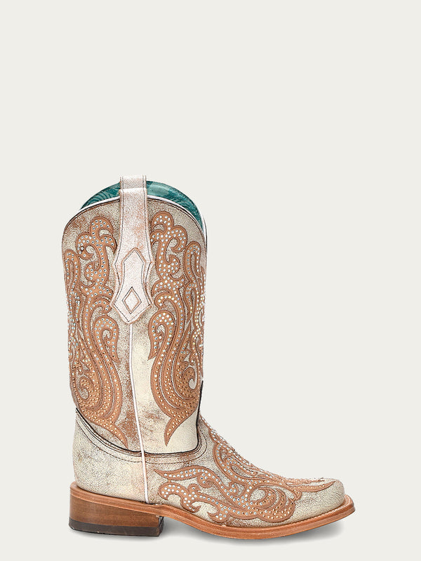 Corral Boots C4094 - WOMEN'S DISTRESSED WHITE WITH HONEY EMBROIDERY AND CRYSTALS SQUARE TOE COWBOY BOOT