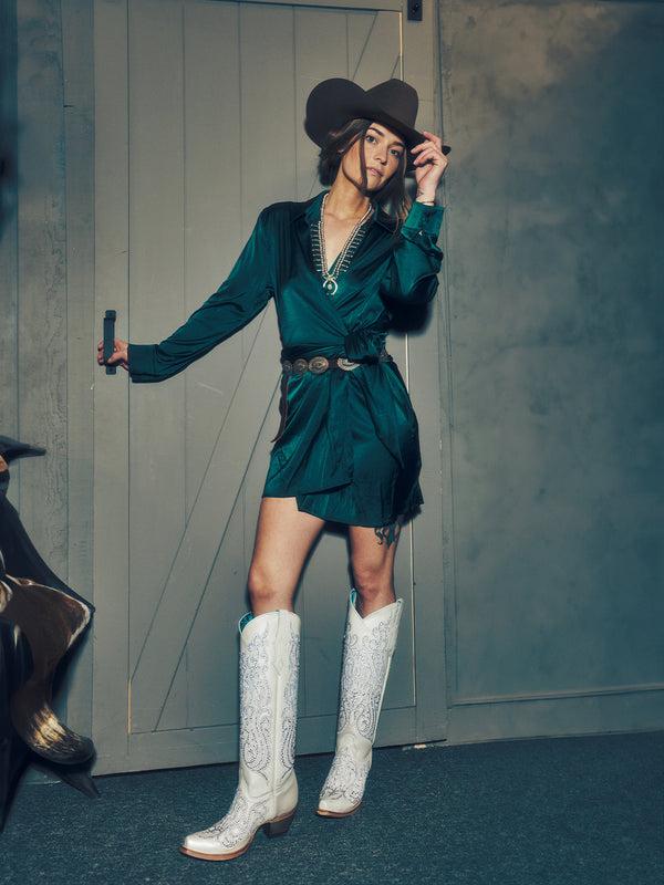 Corral Boots C4099 - WOMEN'S WHITE OVERLAY WITH CRYSTALS TALL TOP SNIP TOE COWBOY BOOT