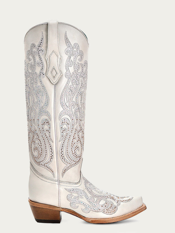 Corral Boots C4099 - WOMEN'S WHITE OVERLAY WITH CRYSTALS TALL TOP SNIP TOE COWBOY BOOT