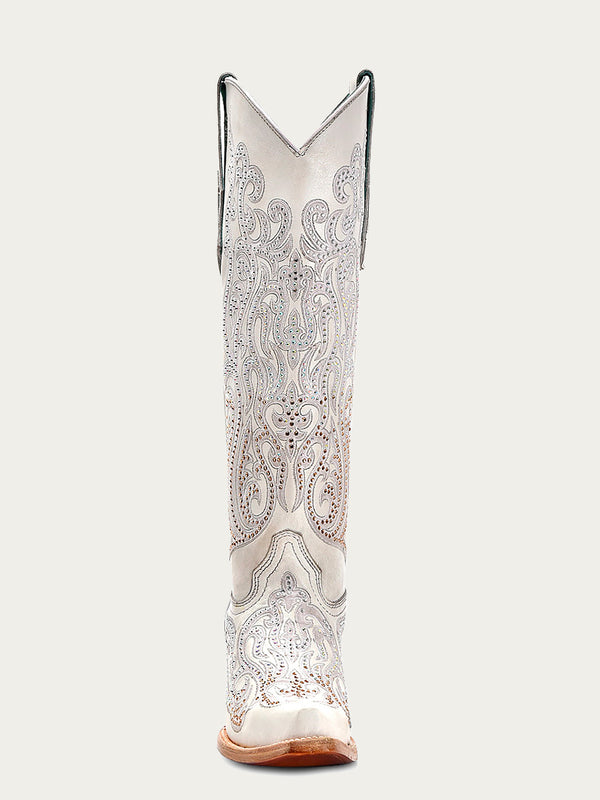 Corral Boots C4099 - WOMEN'S WHITE OVERLAY WITH CRYSTALS TALL TOP SNIP TOE COWBOY BOOT