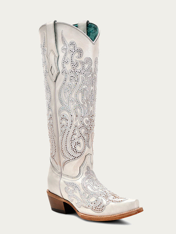 corral boots C4099 - WOMEN'S WHITE OVERLAY WITH CRYSTALS TALL TOP SNIP TOE COWBOY BOOT