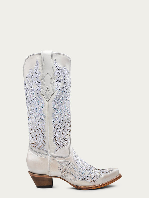 Corral Boots C4103 - WOMEN'S WHITE OVERLAY EMBROIDERY AND CRYSTALS SNIP TOE BOOT