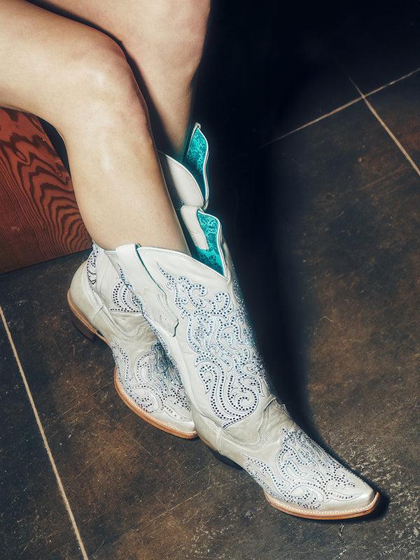 Corral Boots C4103 - WOMEN'S WHITE OVERLAY EMBROIDERY AND CRYSTALS SNIP TOE BOOT
