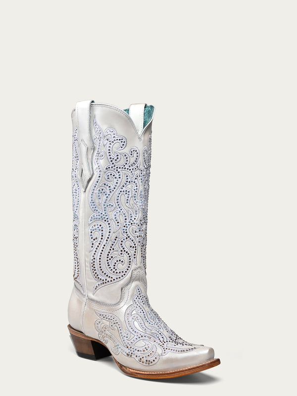 corral boots C4103 - WOMEN'S WHITE OVERLAY EMBROIDERY AND CRYSTALS SNIP TOE BOOT