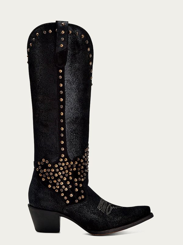 Corral Boots C4134 - WOMEN'S EMBROIDERY AND STUDS BLACK METALIZED LEATHER FINISH TALL TOP POINTED TOE COWBOY BOOT WITH ZIPPER