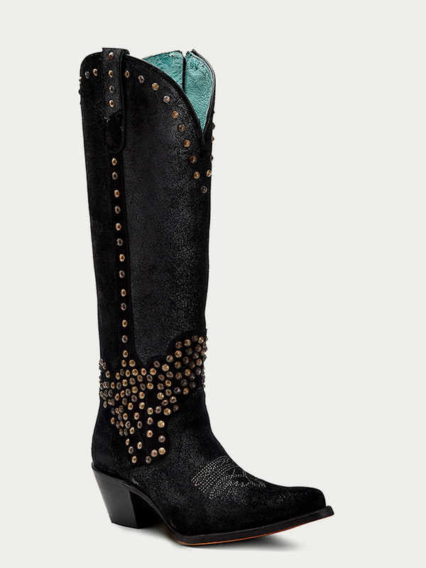 corral boots C4134 - WOMEN'S EMBROIDERY AND STUDS BLACK METALIZED LEATHER FINISH TALL TOP POINTED TOE COWBOY BOOT WITH ZIPPER corral boots C4134 - WOMEN'S EMBROIDERY AND STUDS BLACK METALIZED LEATHER FINISH TALL TOP POINTED TOE COWBOY BOOT WITH ZIPPER
