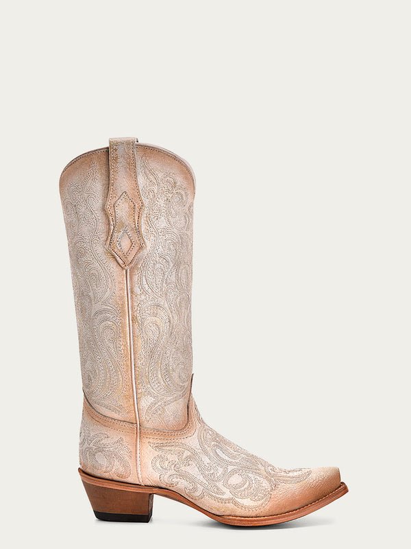 Corral Boots C4143 - WOMEN'S PINK LUMINESCENT EMBROIDERY CRACKLED STRAW SNIP TOE COWBOY BOOT