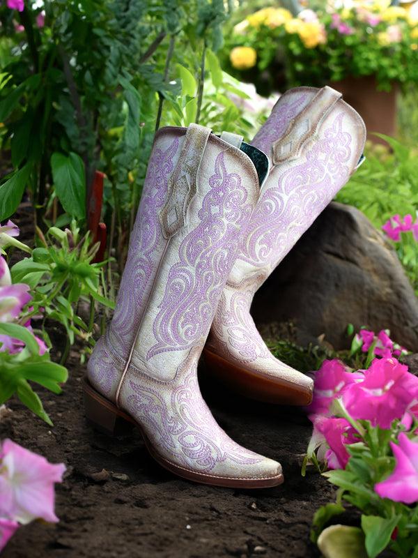 Corral Boots C4143 - WOMEN'S PINK LUMINESCENT EMBROIDERY CRACKLED STRAW SNIP TOE COWBOY BOOT