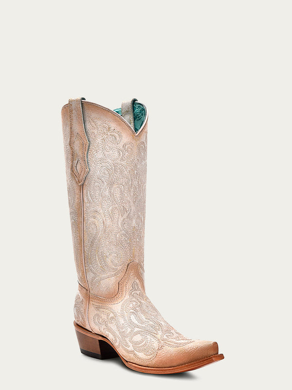 corral boots C4143 - WOMEN'S PINK LUMINESCENT EMBROIDERY CRACKLED STRAW SNIP TOE COWBOY BOOT