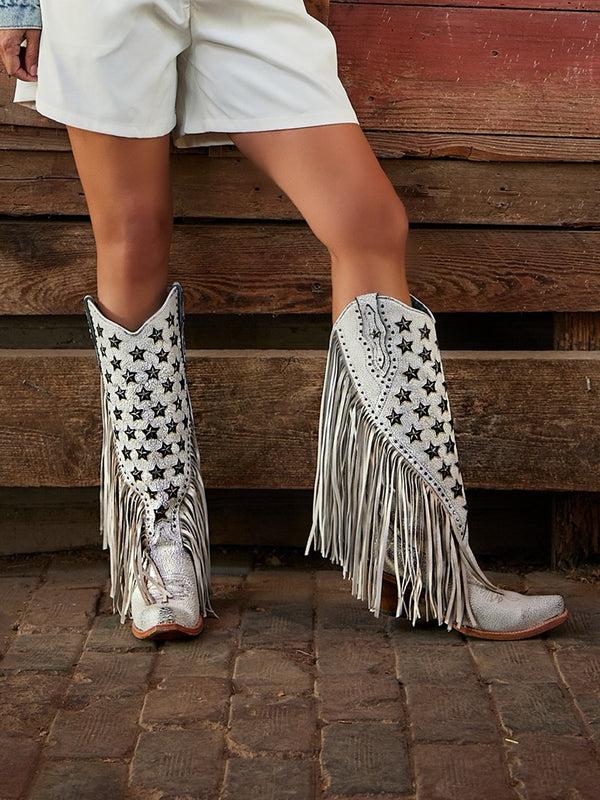 Corral Boots C4155 - WOMEN'S LUMINESCENT EMBROIDERY AND STARS WITH LAMB FRINGE WHITE SNIP TOE COWBOY BOOT