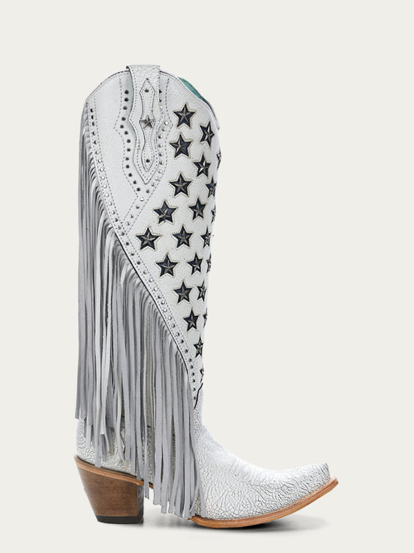 Corral Boots C4155 - WOMEN'S LUMINESCENT EMBROIDERY AND STARS WITH LAMB FRINGE WHITE SNIP TOE COWBOY BOOT