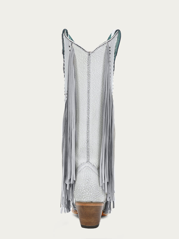 Corral Boots C4155 - WOMEN'S LUMINESCENT EMBROIDERY AND STARS WITH LAMB FRINGE WHITE SNIP TOE COWBOY BOOT