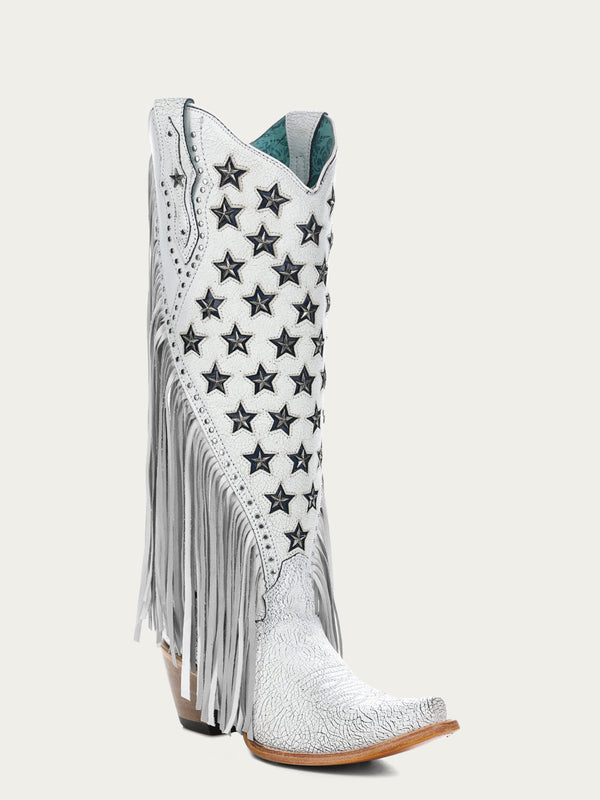 corral boots C4155 - WOMEN'S LUMINESCENT EMBROIDERY AND STARS WITH LAMB FRINGE WHITE SNIP TOE COWBOY BOOT