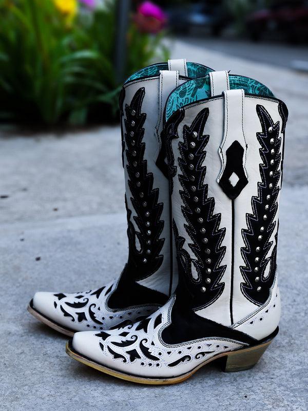 Corral Boots C4160 - WOMEN'S BLACK OVERLAY EMBROIDERY AND STUDS SNIP TOE WHITE COWBOY BOOT