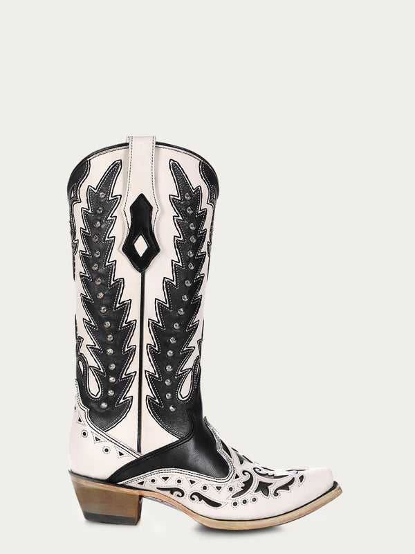 Corral Boots C4160 - WOMEN'S BLACK OVERLAY EMBROIDERY AND STUDS SNIP TOE WHITE COWBOY BOOT