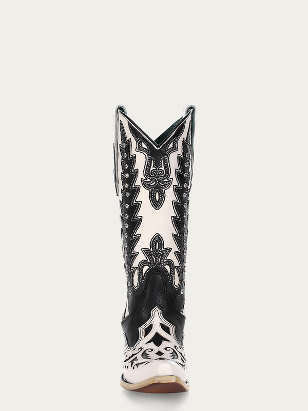 Corral Boots C4160 - WOMEN'S BLACK OVERLAY EMBROIDERY AND STUDS SNIP TOE WHITE COWBOY BOOT