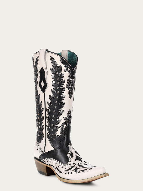corral boots C4160 - WOMEN'S BLACK OVERLAY EMBROIDERY AND STUDS SNIP TOE WHITE COWBOY BOOT